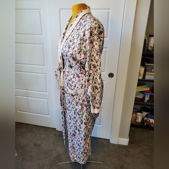 VINTAGE VICTORIA'S SECRET BEIGE PINK FLORAL COTTON ROBE WOMEN M/L COTTAGECORE - Picture 2 of 13